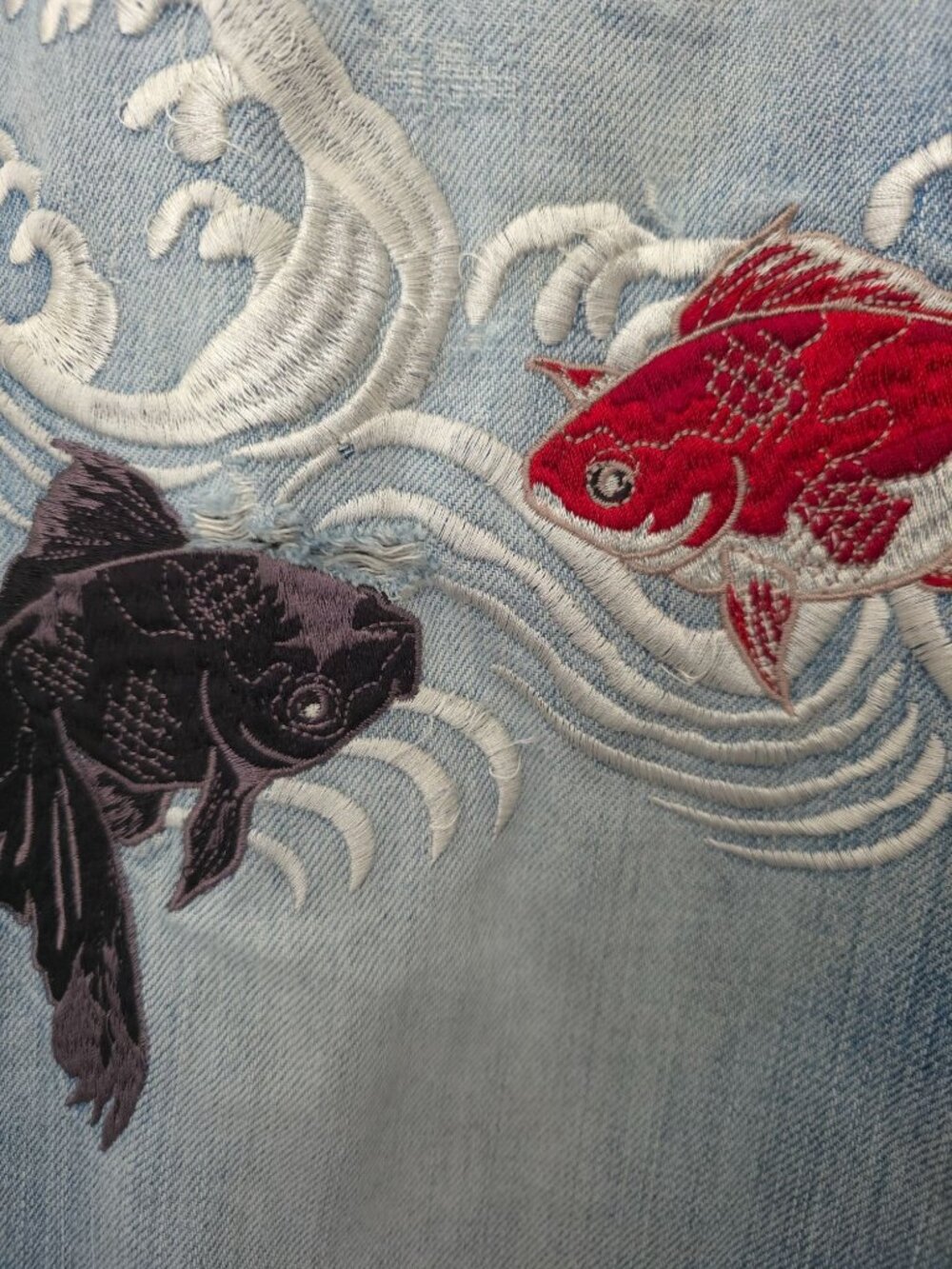 Karakuri Tamashii Japanese Denim Jeans w/ Embroidered Koi Fish & Wave Design 32 - Picture 8 of 13